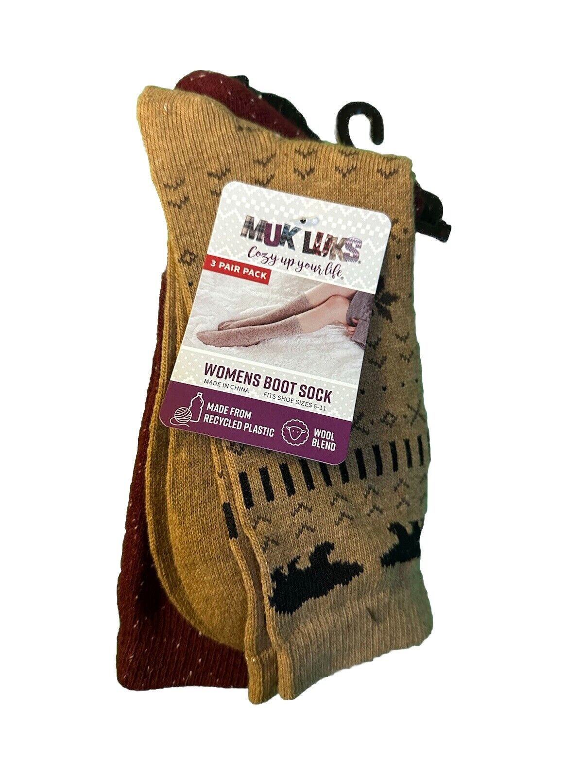 Muk Luks 3 pack Womens Tall Boot Socks Size 6-11 Black Brown Red with Tags