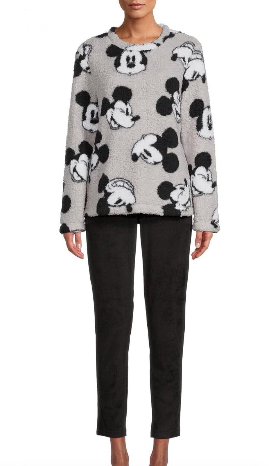 NEW Disney Mickey Mouse Women's 2 Piece Pajamas PJ Set Plush Black/Grey M (8-10)