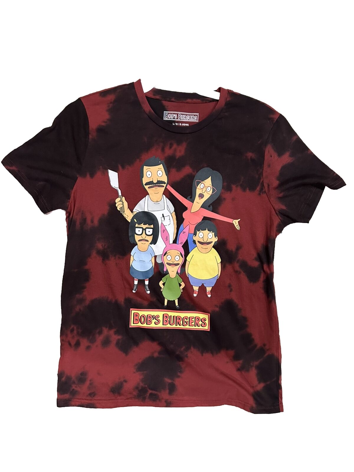 Bob's Burgers Mens Bobs Burgers Cartoon Black Red Tie Dye Shirt NWT Size Large
